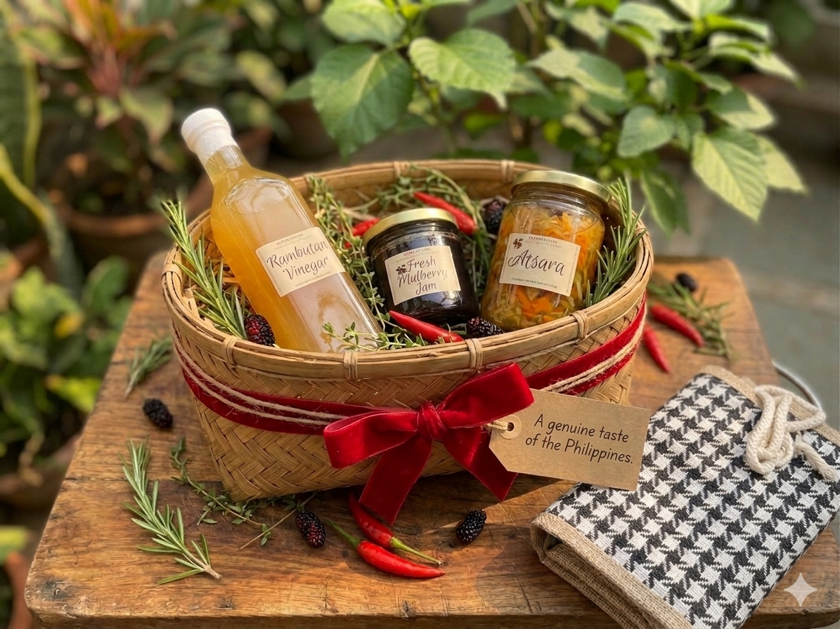 Rambutan Vinegar + Mulberry Jam + Atsara arranged as a gift set — styled and ready to give